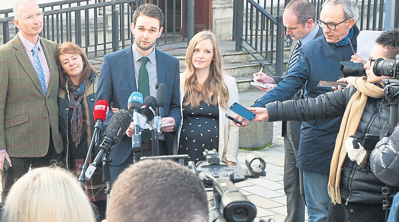 Colin, Karen, Daniel and Amy McArthur facing the cameras outside the High Court in Belfast | photo: The Christian Institute